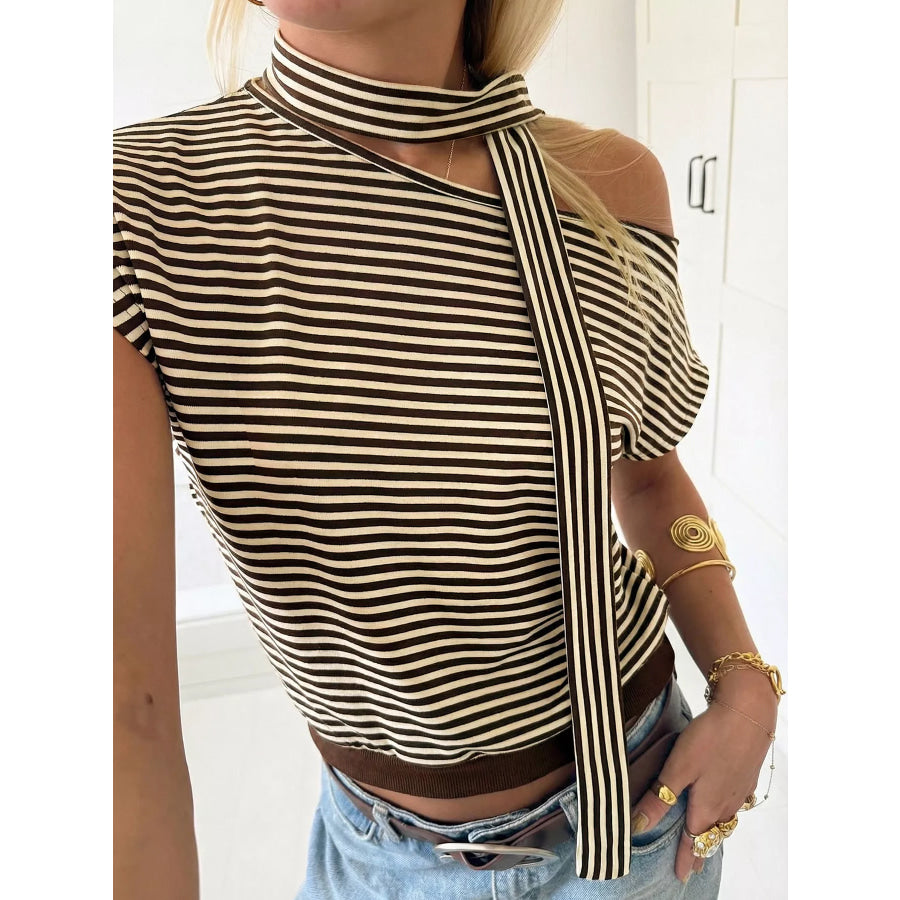 Striped Single Shoulder T-Shirt Brown / S Apparel and Accessories