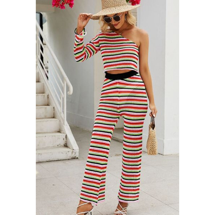 Striped Single Shoulder Top and Pants Knit Set Apparel Accessories