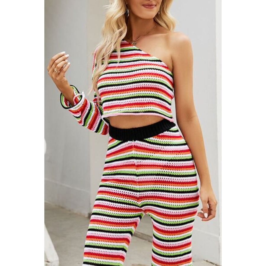 Striped Single Shoulder Top and Pants Knit Set Apparel Accessories