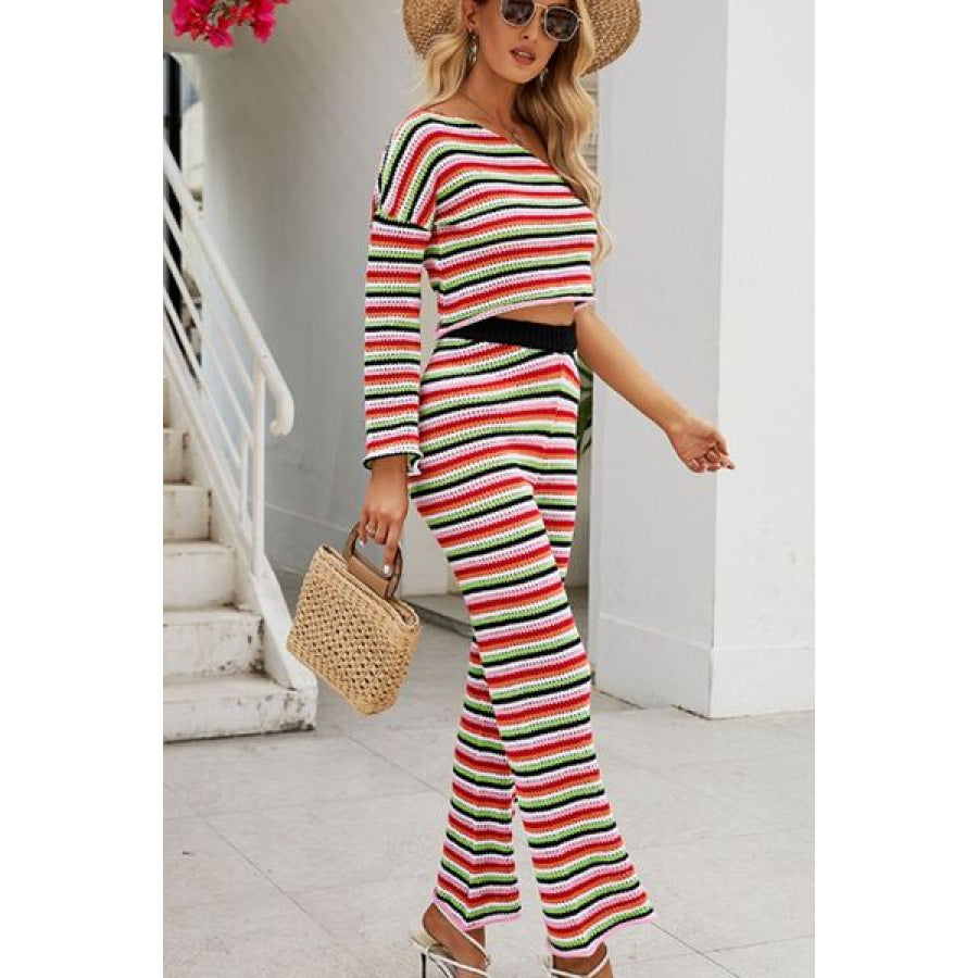 Striped Single Shoulder Top and Pants Knit Set Apparel Accessories