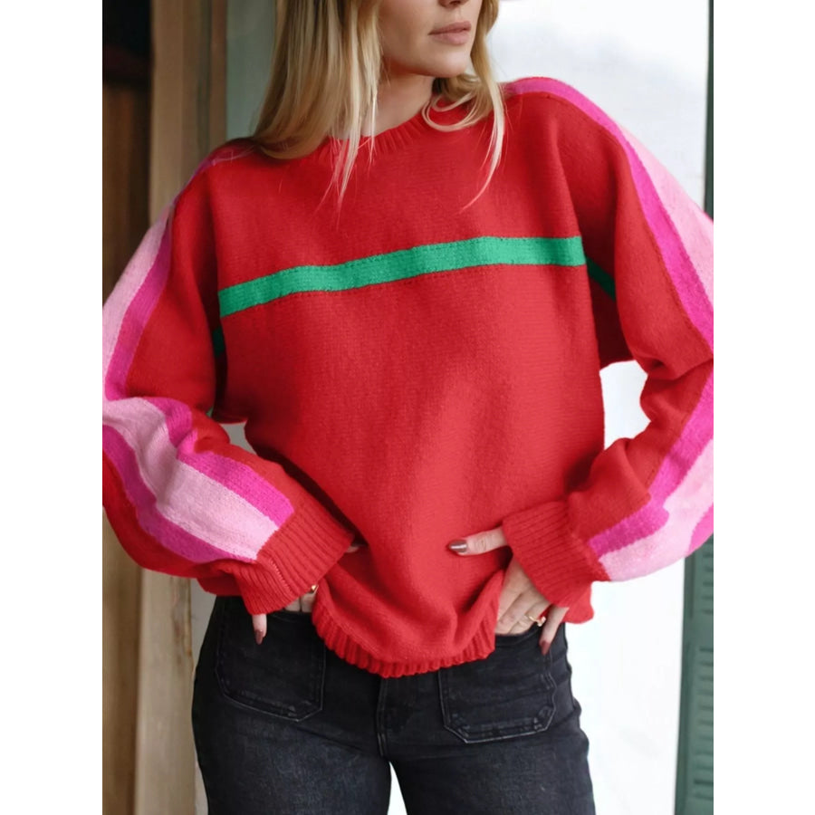 Striped Sleeve Crew Neck Sweater Apparel and Accessories