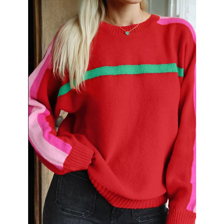 Striped Sleeve Crew Neck Sweater Apparel and Accessories