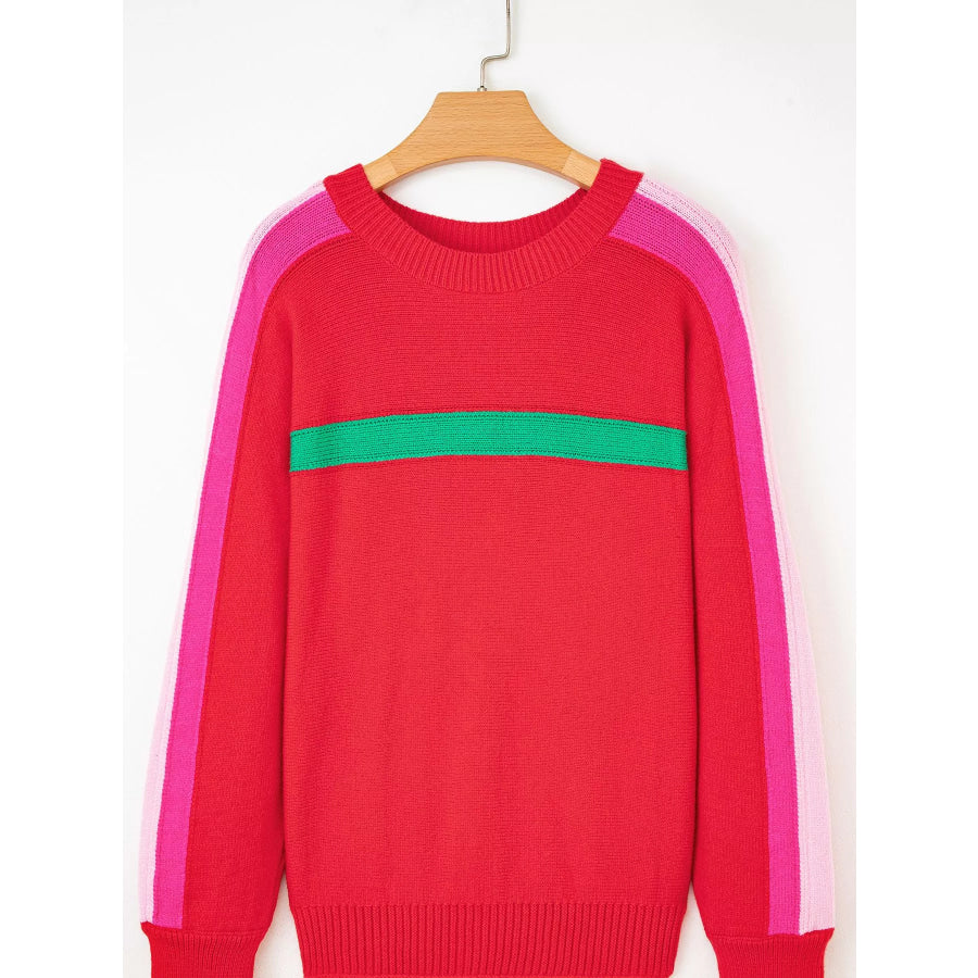 Striped Sleeve Crew Neck Sweater Apparel and Accessories