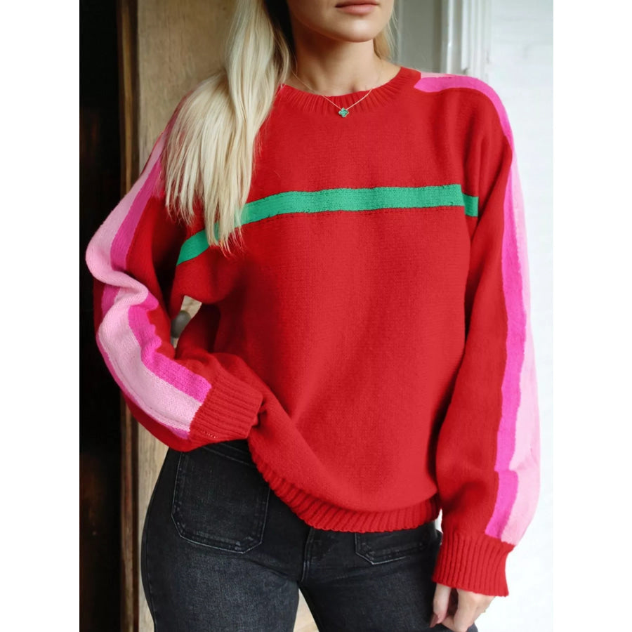 Striped Sleeve Crew Neck Sweater Red / S Apparel and Accessories