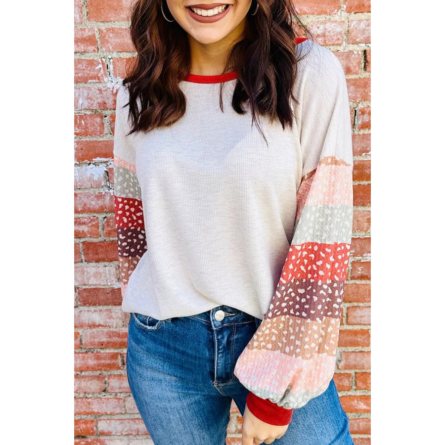 Striped Sleeve Round Neck Blouse Apparel and Accessories