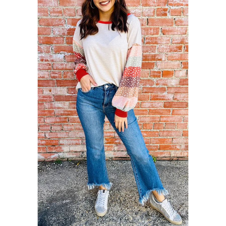Striped Sleeve Round Neck Blouse Apparel and Accessories