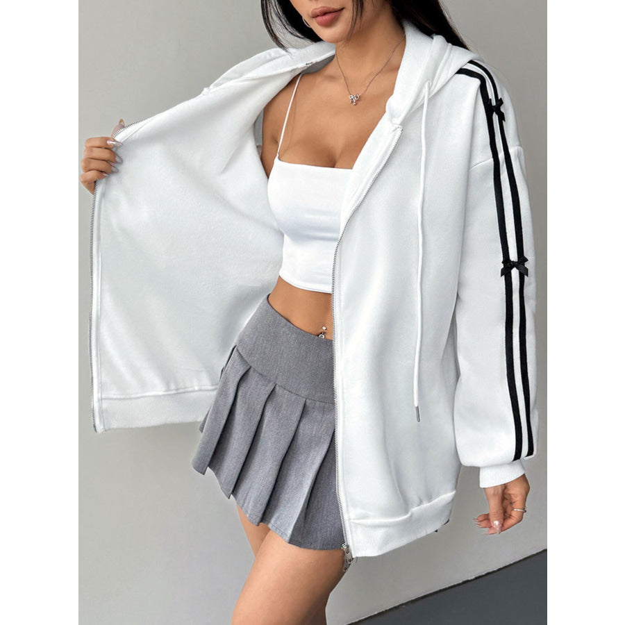 Striped Sleeve Zip-Up Drawstring Hoodie Apparel and Accessories