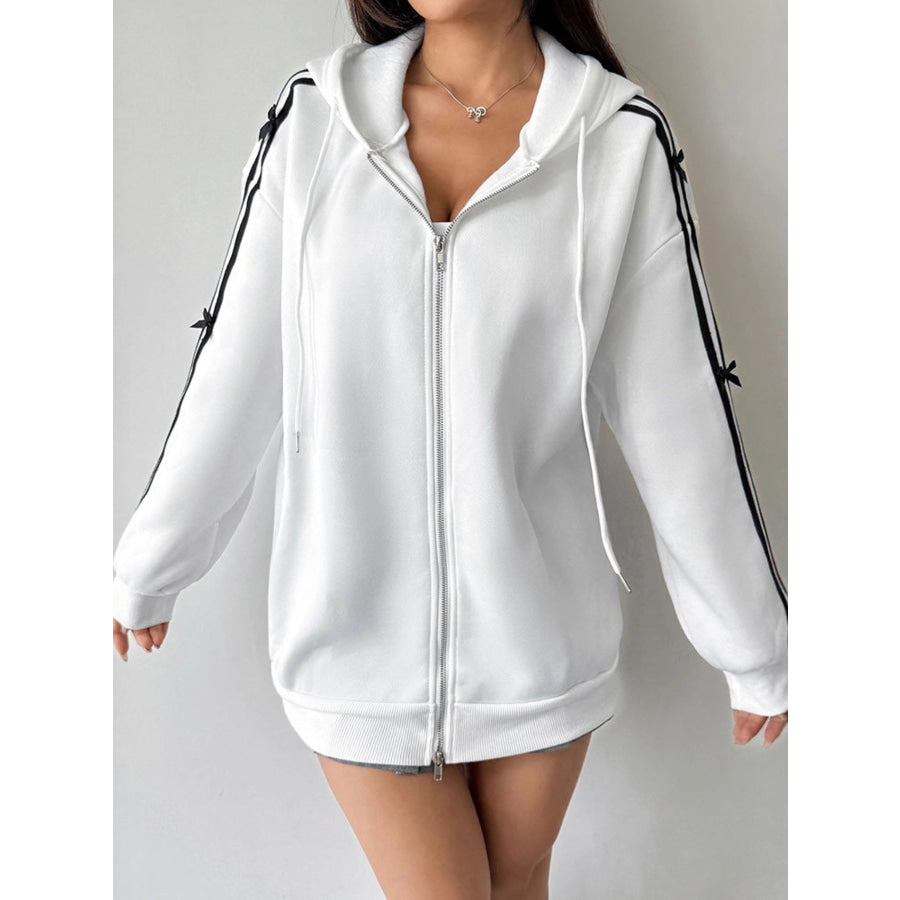 Striped Sleeve Zip-Up Drawstring Hoodie Apparel and Accessories