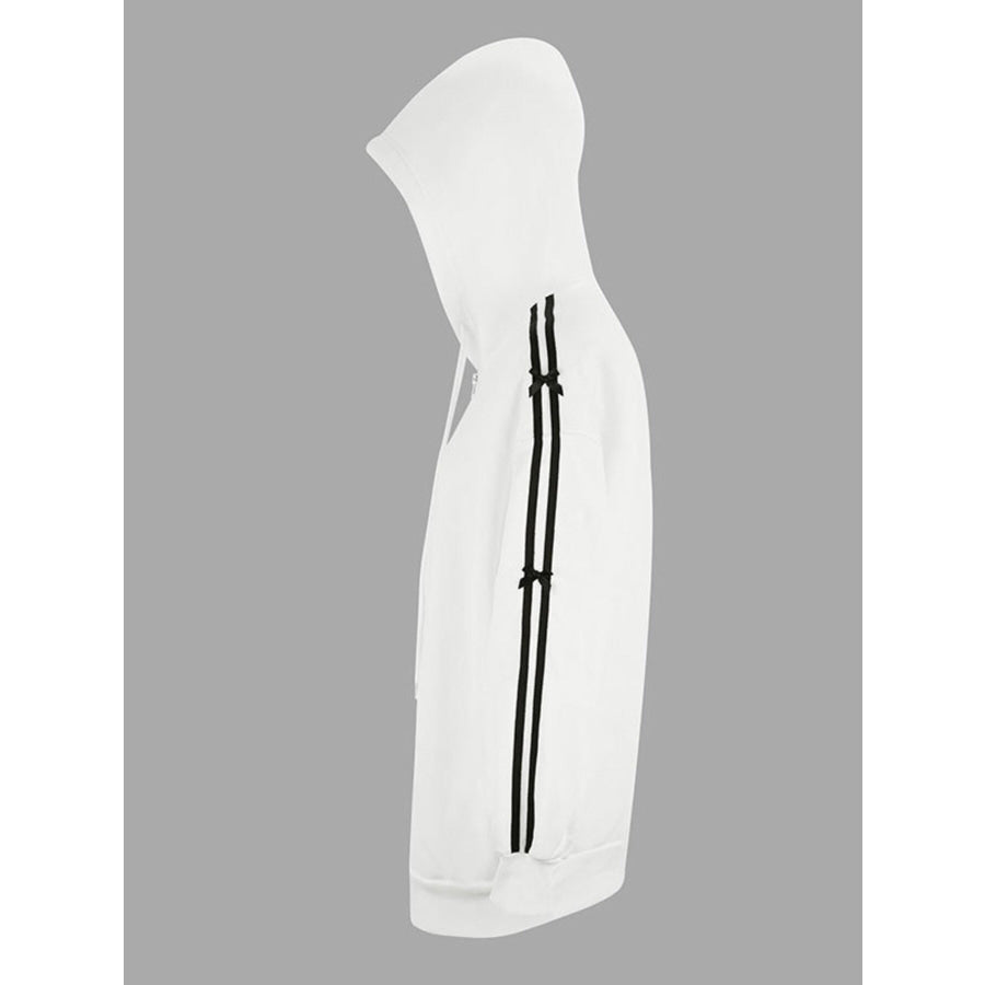 Striped Sleeve Zip-Up Drawstring Hoodie Apparel and Accessories