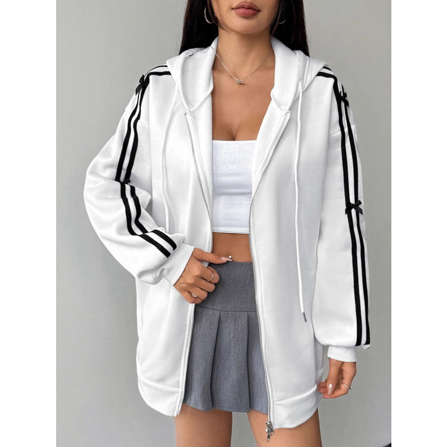 Striped Sleeve Zip-Up Drawstring Hoodie Apparel and Accessories