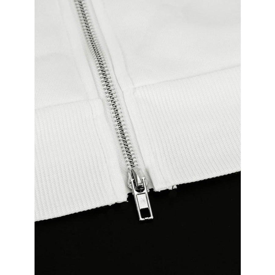 Striped Sleeve Zip-Up Drawstring Hoodie Apparel and Accessories
