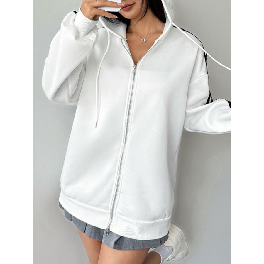 Striped Sleeve Zip-Up Drawstring Hoodie Apparel and Accessories