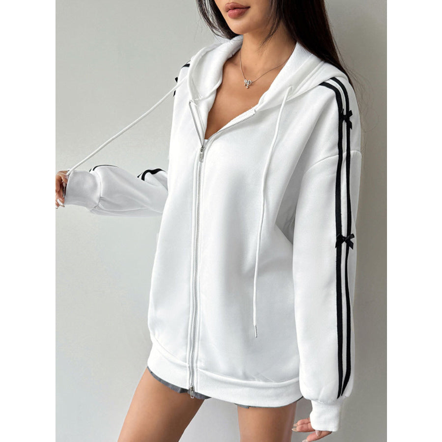 Striped Sleeve Zip-Up Drawstring Hoodie Apparel and Accessories