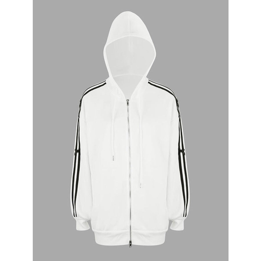 Striped Sleeve Zip-Up Drawstring Hoodie Apparel and Accessories