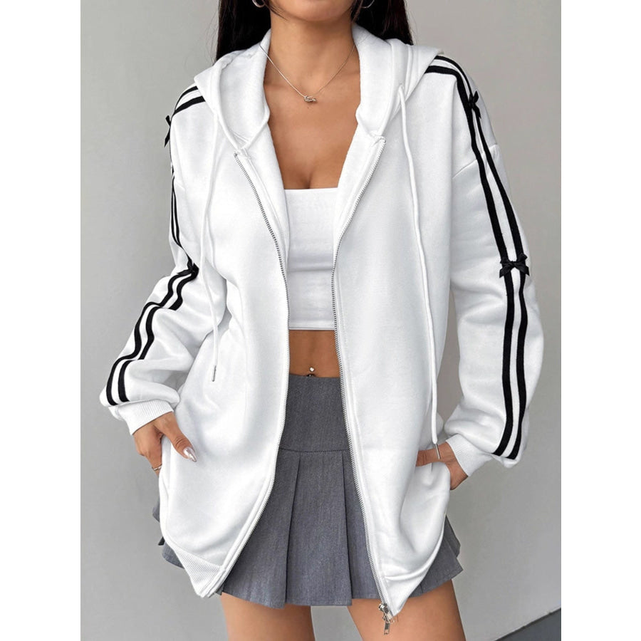 Striped Sleeve Zip-Up Drawstring Hoodie White / S Apparel and Accessories