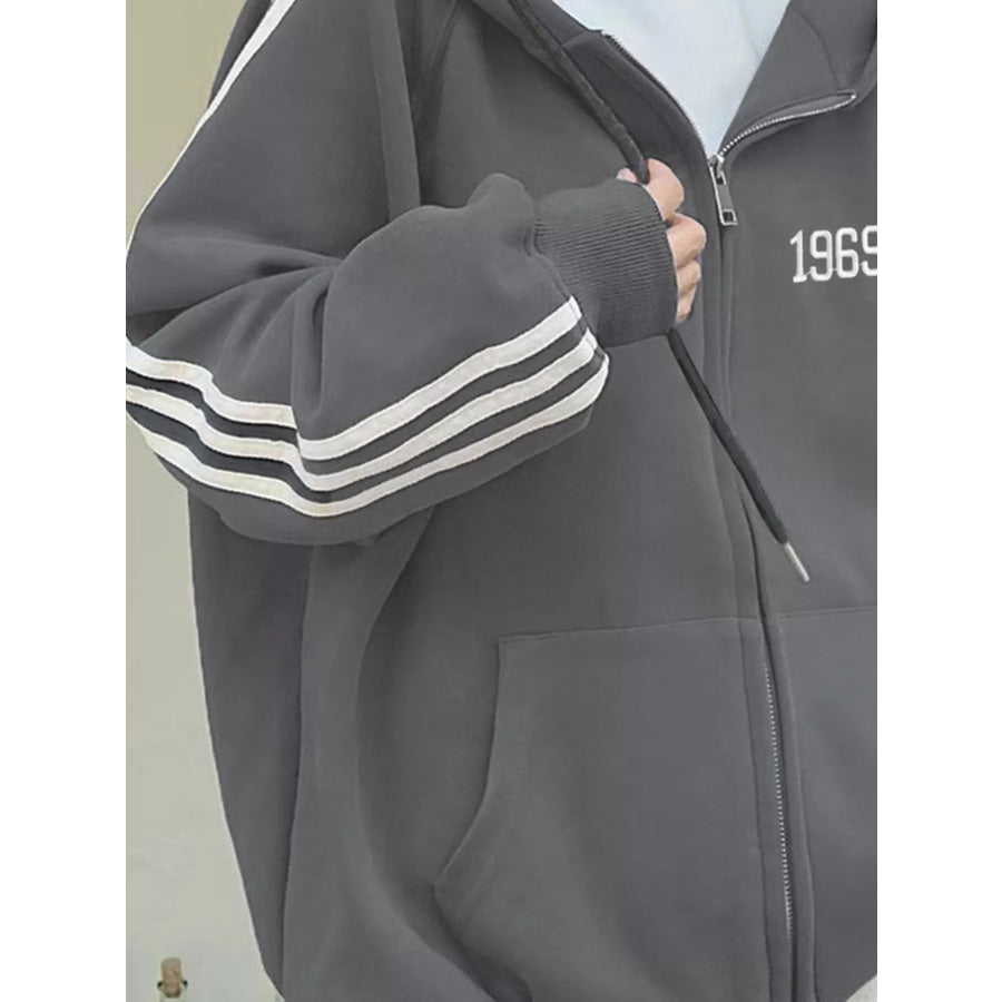 Striped Sleeve Zip-Up Hoodie Apparel and Accessories