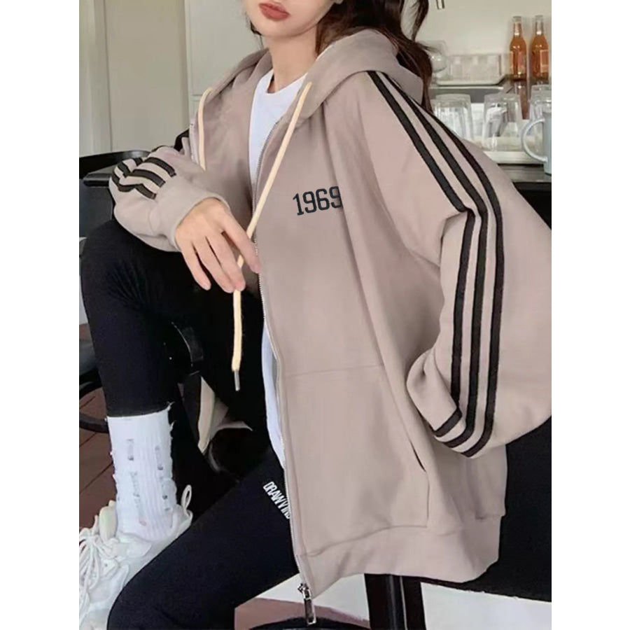 Striped Sleeve Zip-Up Hoodie Apparel and Accessories