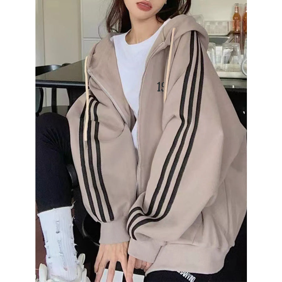 Striped Sleeve Zip-Up Hoodie Apparel and Accessories