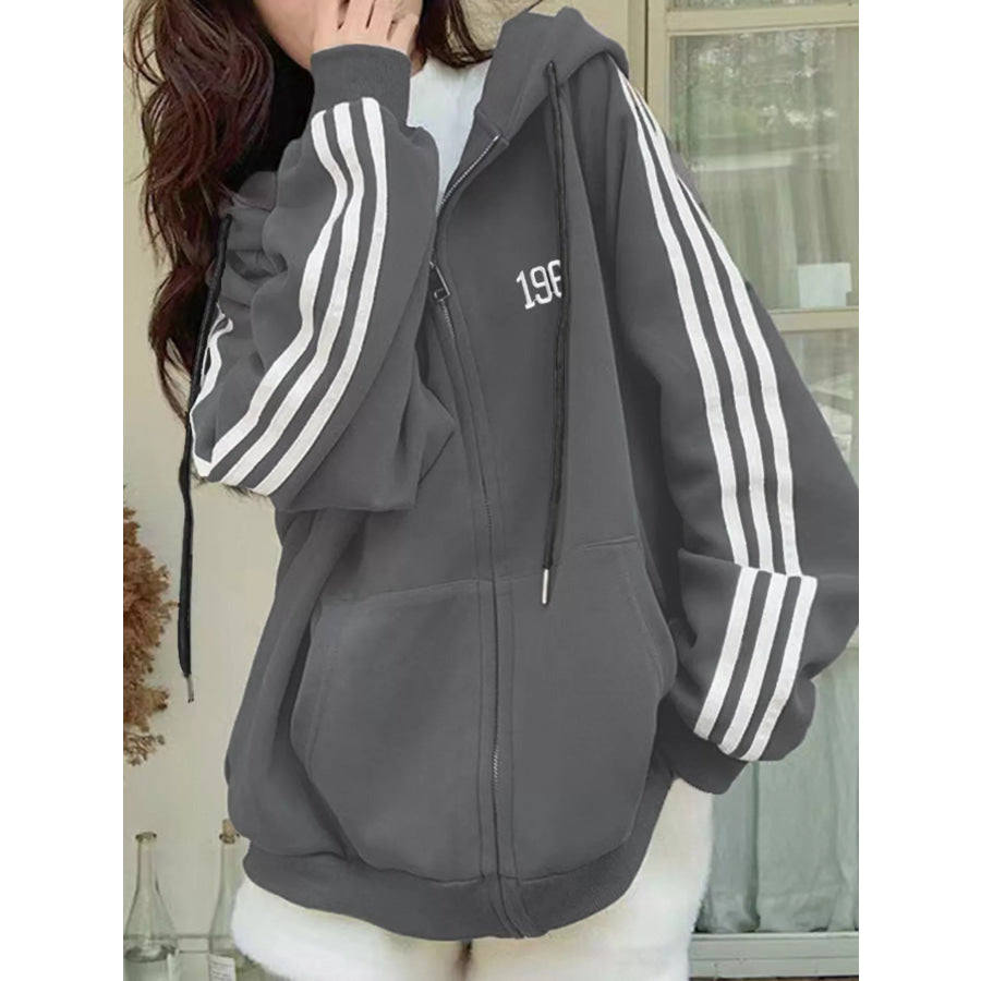 Striped Sleeve Zip-Up Hoodie Dark Gray / M Apparel and Accessories