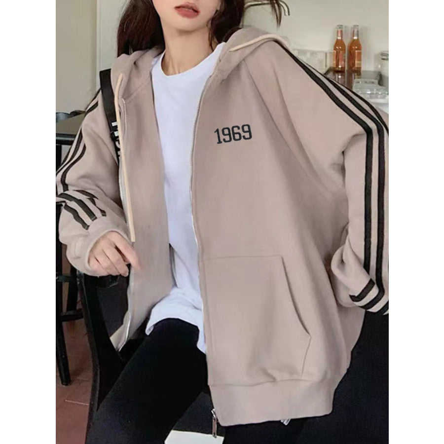 Striped Sleeve Zip-Up Hoodie Mocha / M Apparel and Accessories