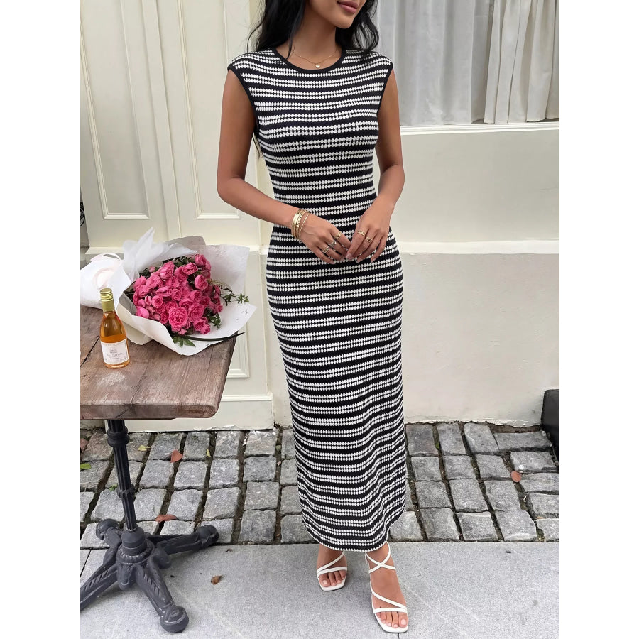 Striped Sleeveless Bodycon Knit Maxi Dress Black / S Apparel and Accessories