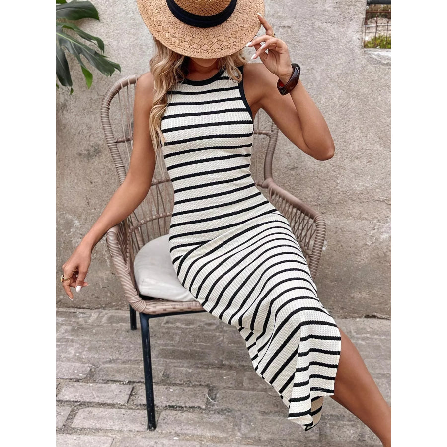Striped Sleeveless Bodycon Midi Dress Apparel and Accessories