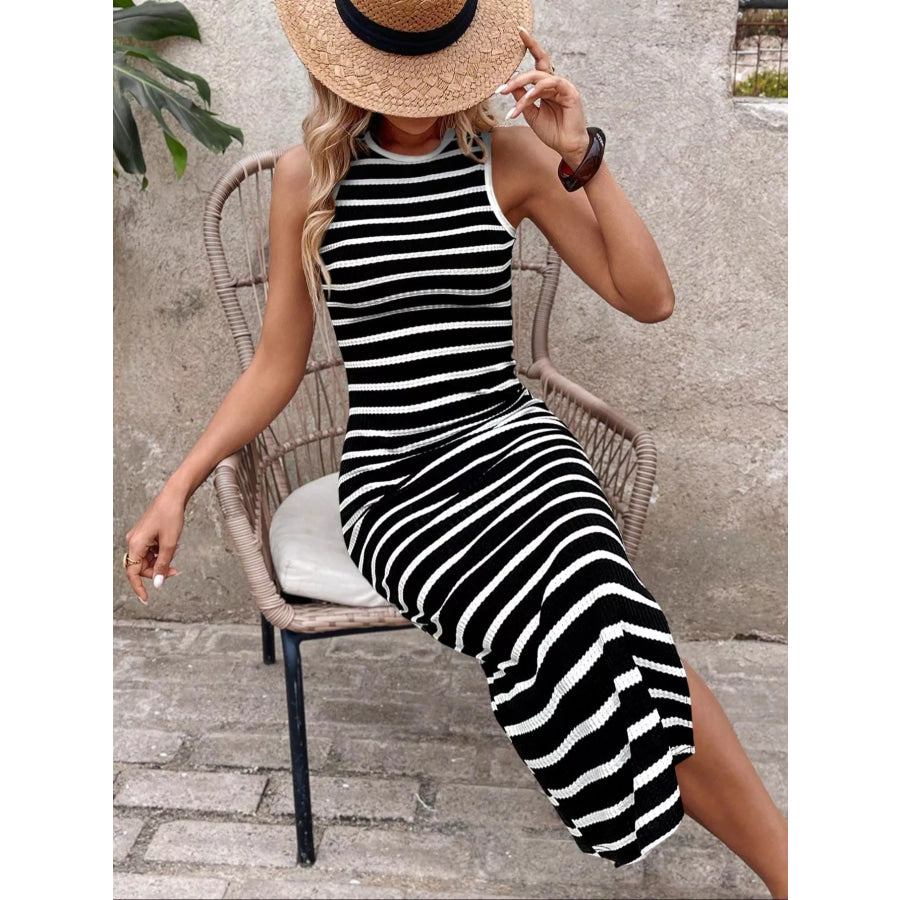 Striped Sleeveless Bodycon Midi Dress Apparel and Accessories