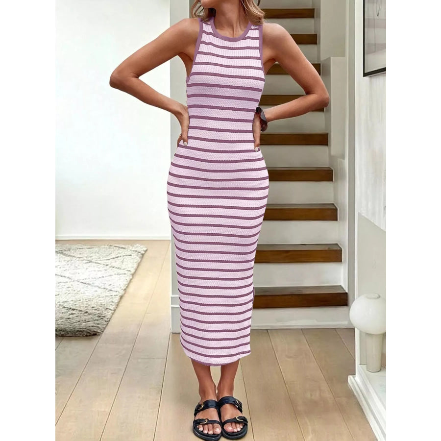 Striped Sleeveless Bodycon Midi Dress Apparel and Accessories