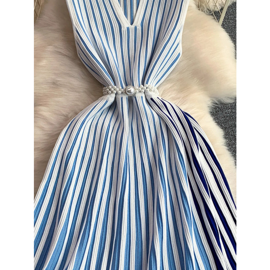Striped Sleeveless Midi Dress Blue / One Size Apparel and Accessories