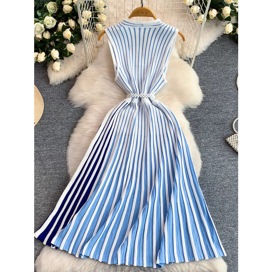 Striped Sleeveless Midi Dress Blue / One Size Apparel and Accessories