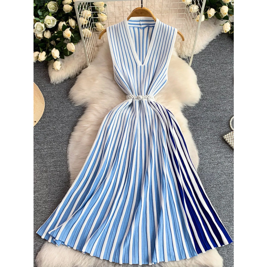 Striped Sleeveless Midi Dress Blue / One Size Apparel and Accessories