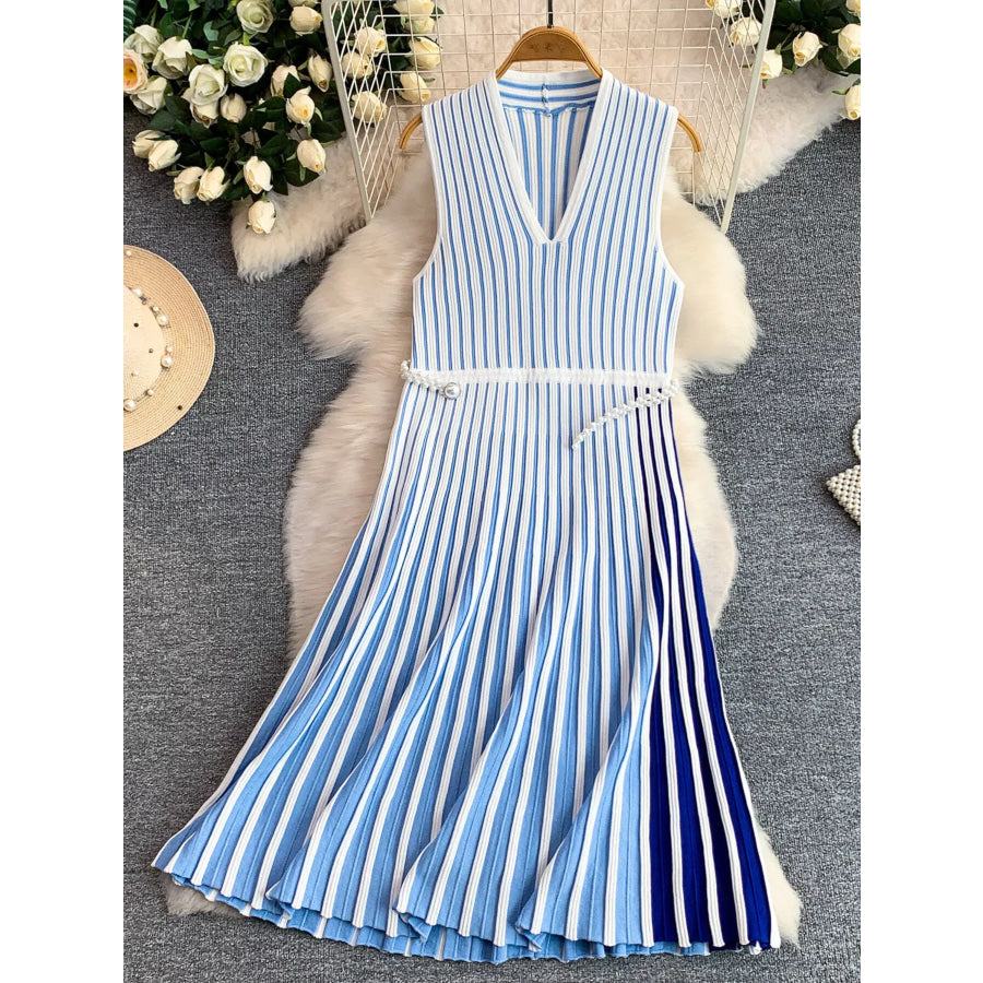 Striped Sleeveless Midi Dress Blue / One Size Apparel and Accessories