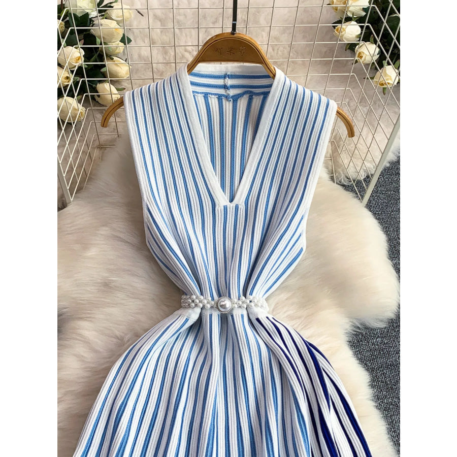 Striped Sleeveless Midi Dress Blue / One Size Apparel and Accessories