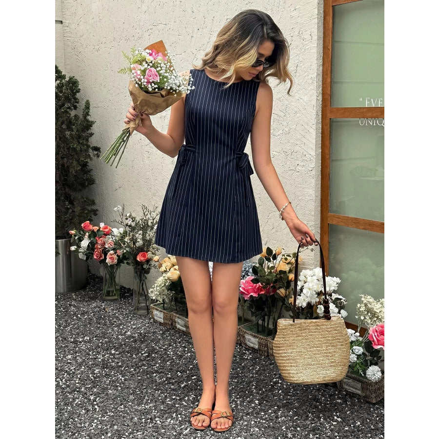 Striped Sleeveless Tie Waist Dress Apparel and Accessories