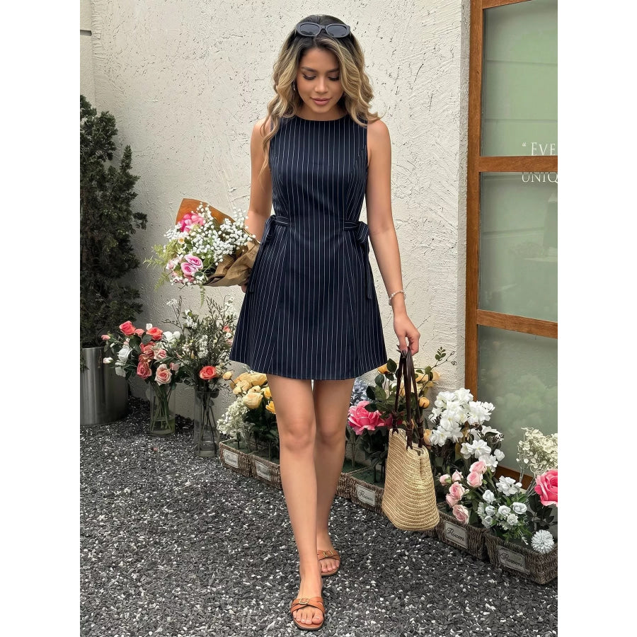 Striped Sleeveless Tie Waist Dress Apparel and Accessories