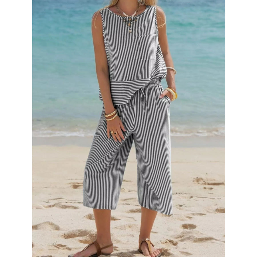 Striped Sleeveless Top and Cropped Pants Set Apparel and Accessories