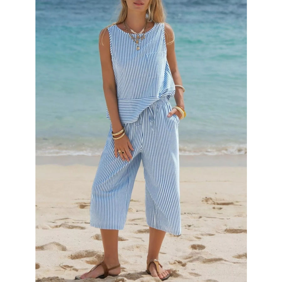 Striped Sleeveless Top and Cropped Pants Set Apparel and Accessories