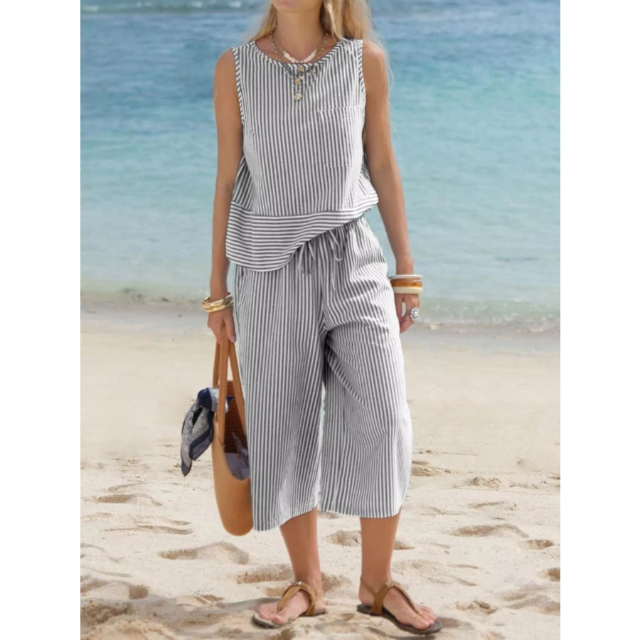 Striped Sleeveless Top and Cropped Pants Set Black / S Apparel and Accessories
