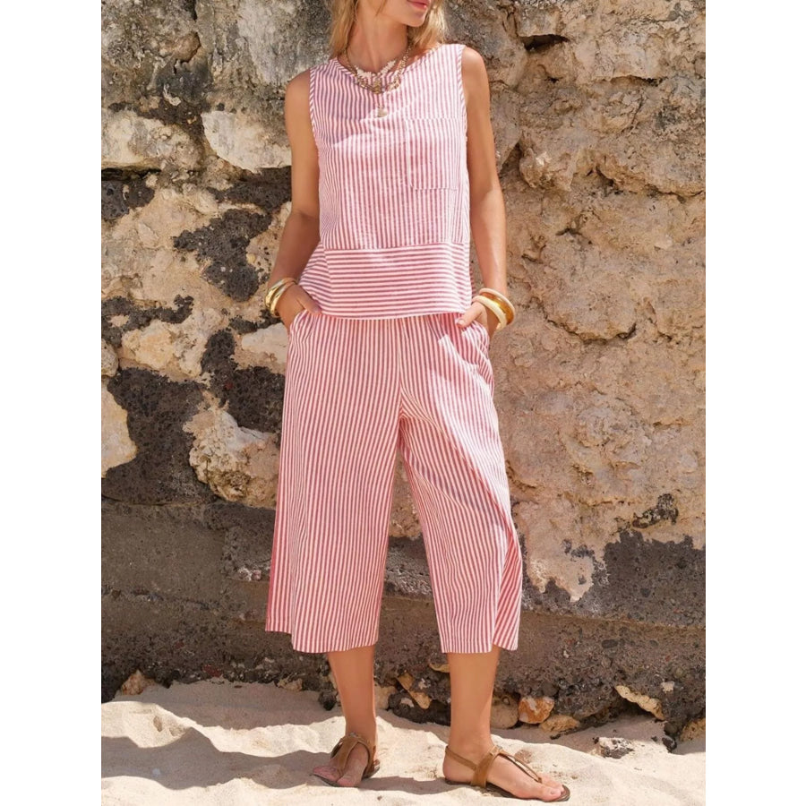 Striped Sleeveless Top and Cropped Pants Set Dusty Pink / S Apparel and Accessories