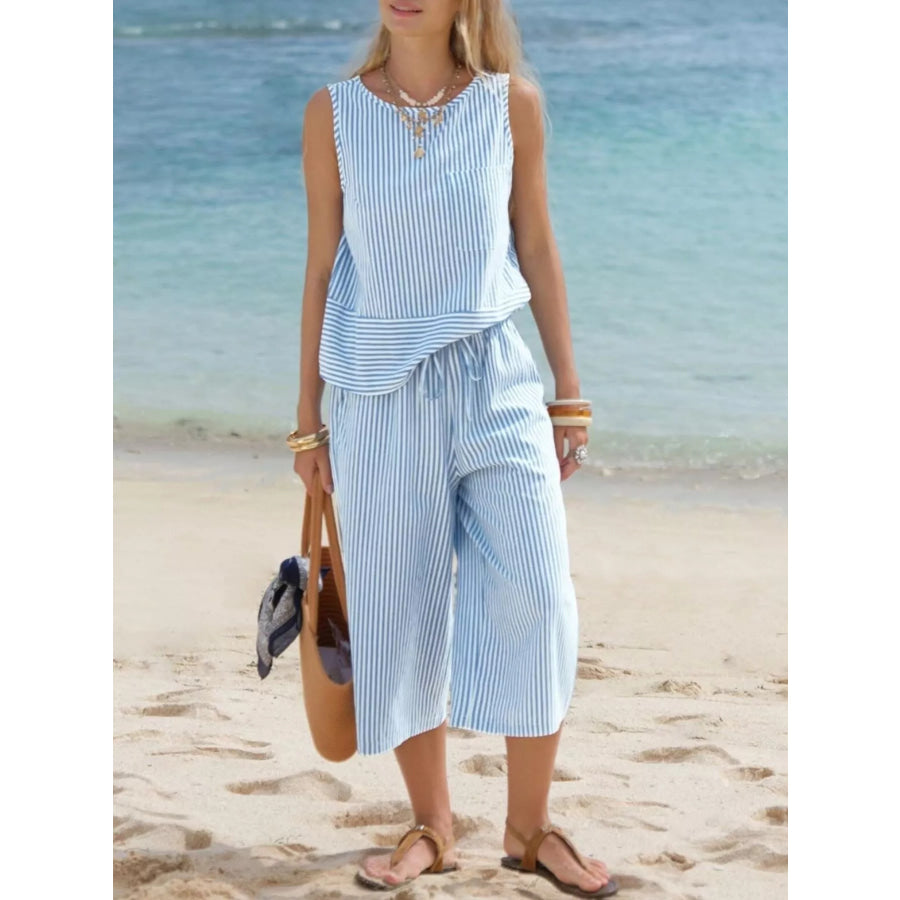 Striped Sleeveless Top and Cropped Pants Set Light Blue / S Apparel and Accessories