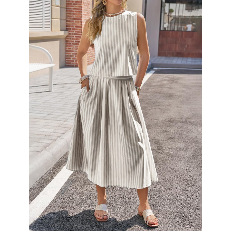 Striped Sleeveless Top and Midi Skirt Set Apparel and Accessories