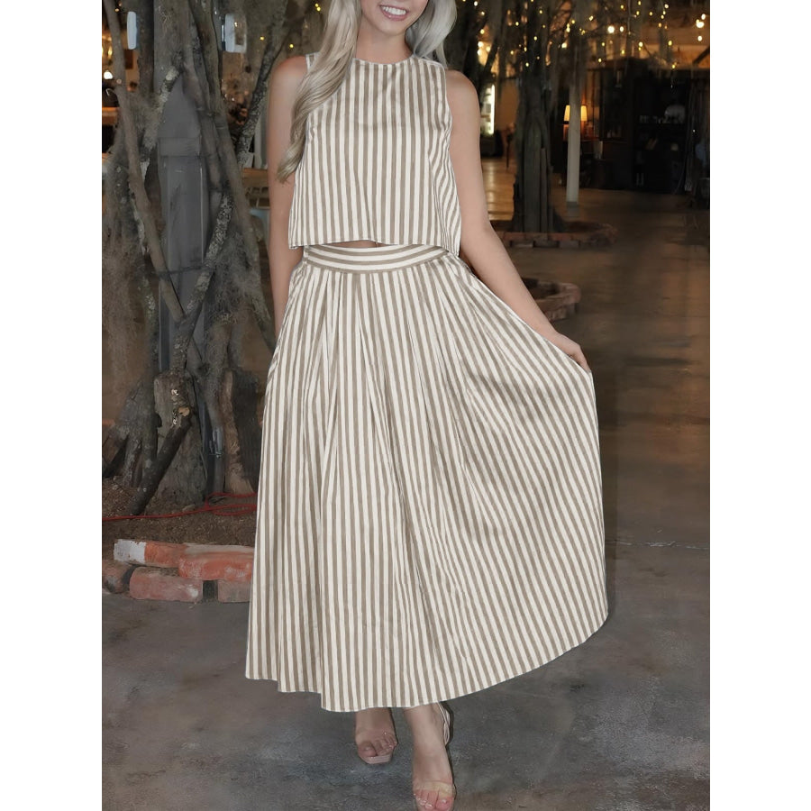 Striped Sleeveless Top and Midi Skirt Set Khaki / S Apparel and Accessories