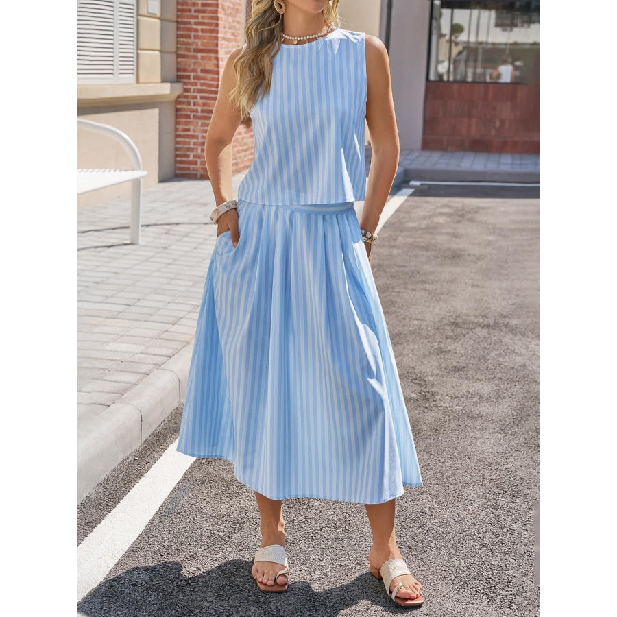 Striped Sleeveless Top and Midi Skirt Set Sky Blue / S Apparel and Accessories