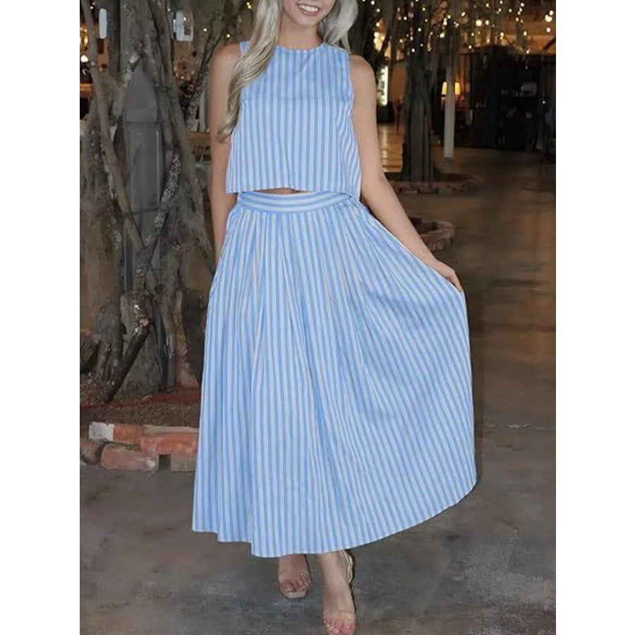 Striped Sleeveless Top and Midi Skirt Two-Piece Set Apparel and Accessories