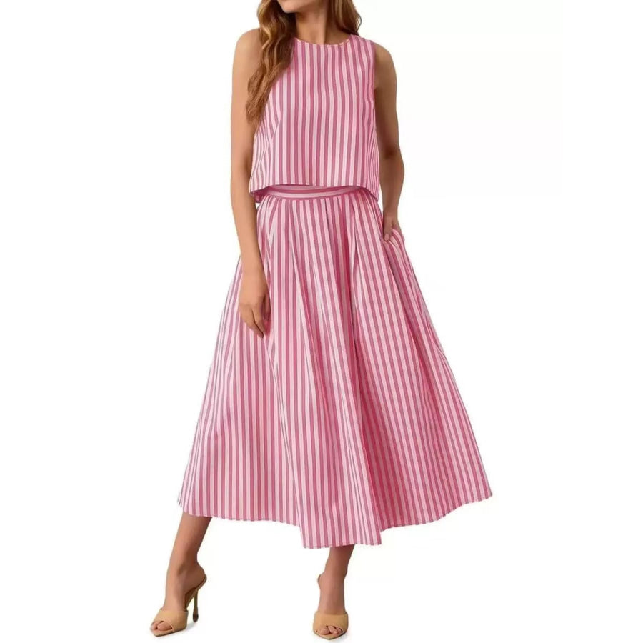 Striped Sleeveless Top and Midi Skirt Two-Piece Set Apparel and Accessories