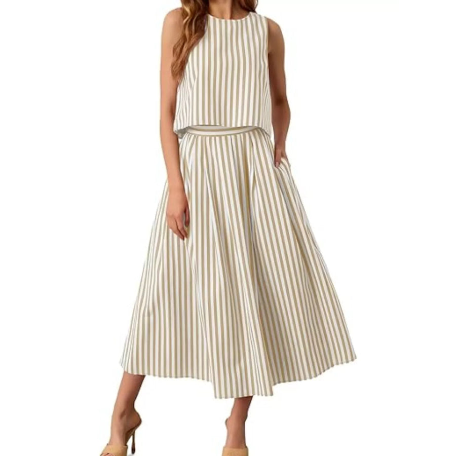 Striped Sleeveless Top and Midi Skirt Two-Piece Set Apparel and Accessories