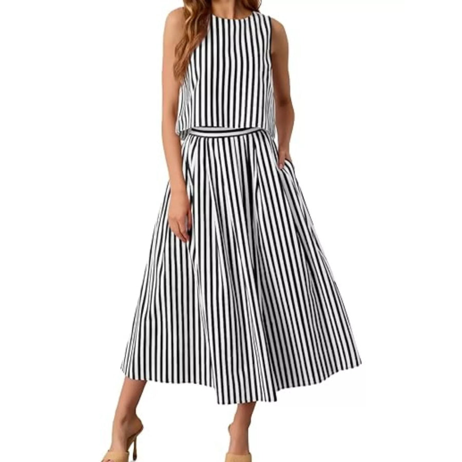 Striped Sleeveless Top and Midi Skirt Two-Piece Set Black / S Apparel and Accessories