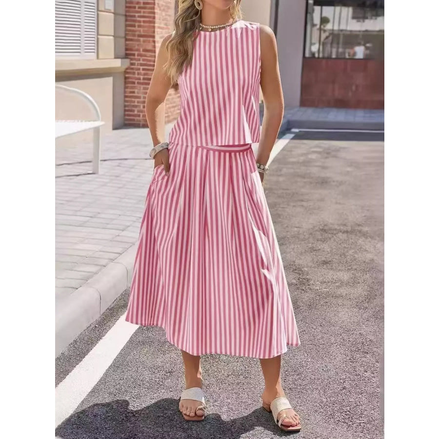 Striped Sleeveless Top and Midi Skirt Two-Piece Set Red / S Apparel and Accessories