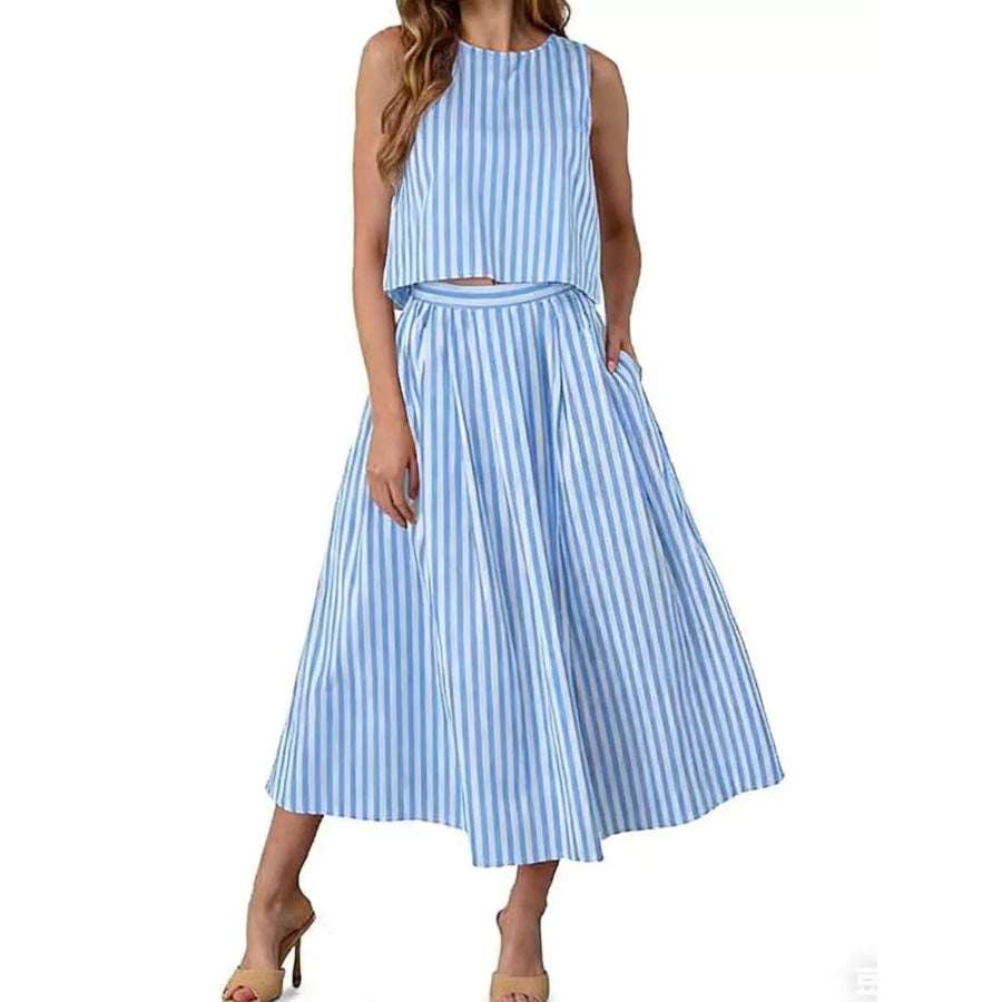 Striped Sleeveless Top and Midi Skirt Two-Piece Set Sky Blue / S Apparel and Accessories