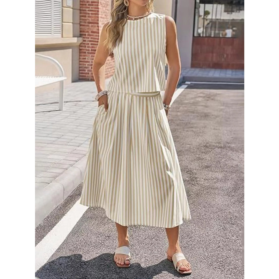 Striped Sleeveless Top and Midi Skirt Two-Piece Set Tan / S Apparel and Accessories